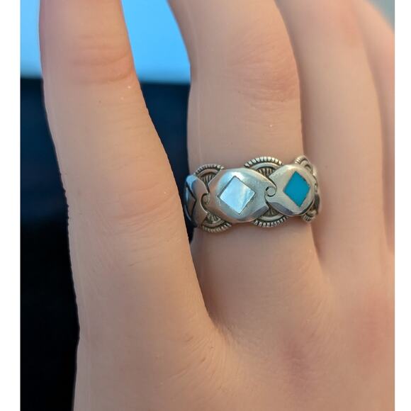 Vintage Signed 925 Sterling Turquoise & MOP Diamond Inlay Band Ring Size 6.75 - Picture 2 of 10